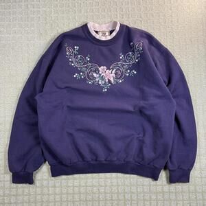 Vintage Floral Sweatshirt Top Stitch Purple Crewneck